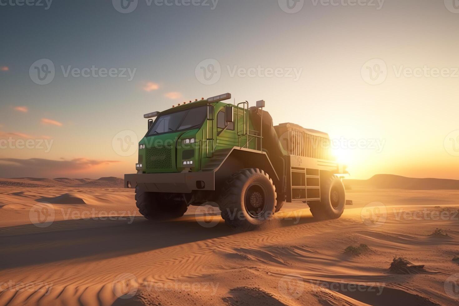 3D render of green energy mining truck on sandy landscape at sunset. photo