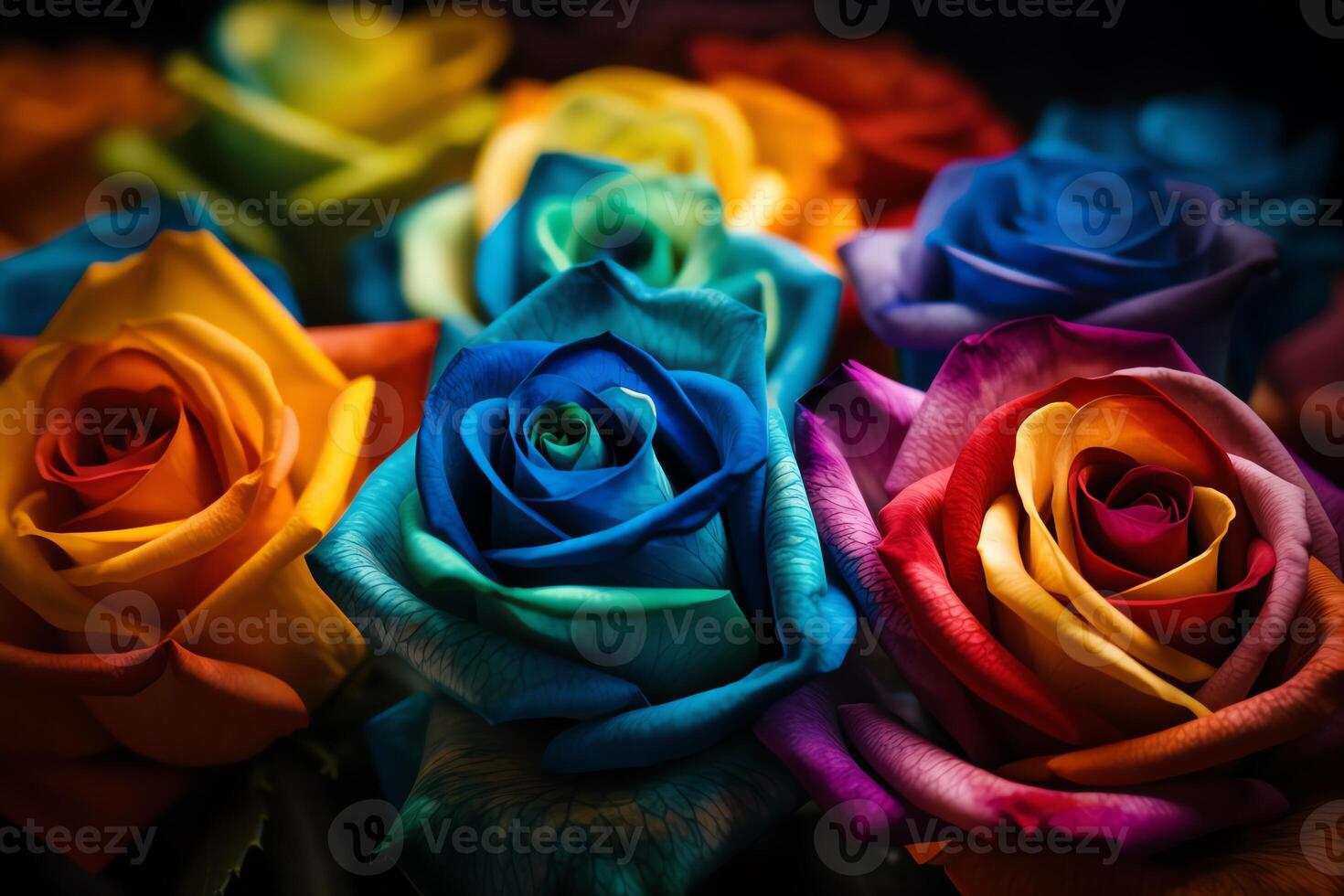 Close up detailed art of colorful spectrum rose collection. photo