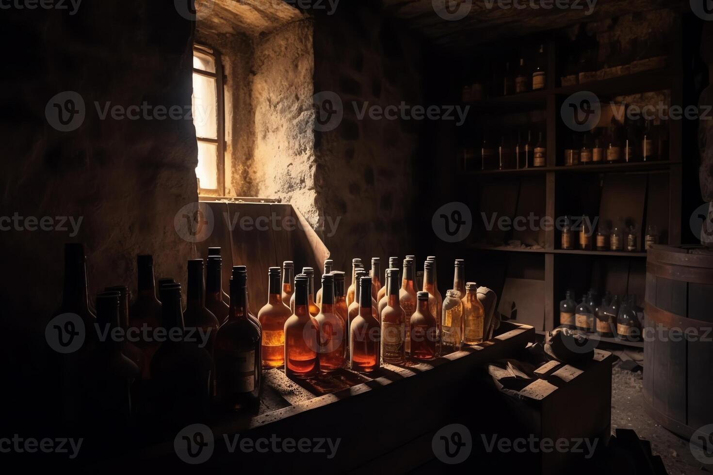 vino botellas en antiguo cava con whisky en almacenamiento. ai generado foto