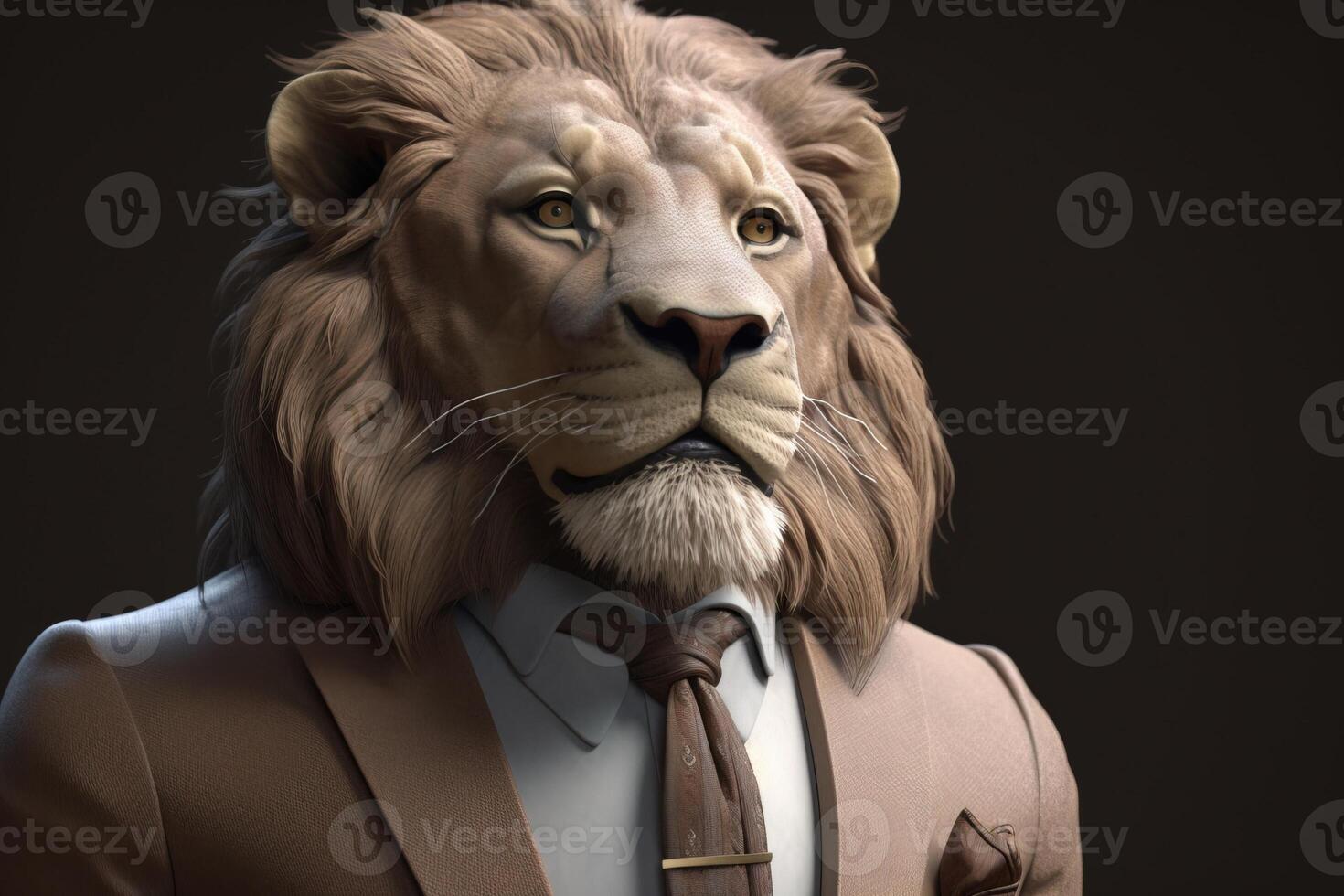 Gentleman, the boss is a formidable lion with a mane in a hat, suit and tie. Banner header. . photo