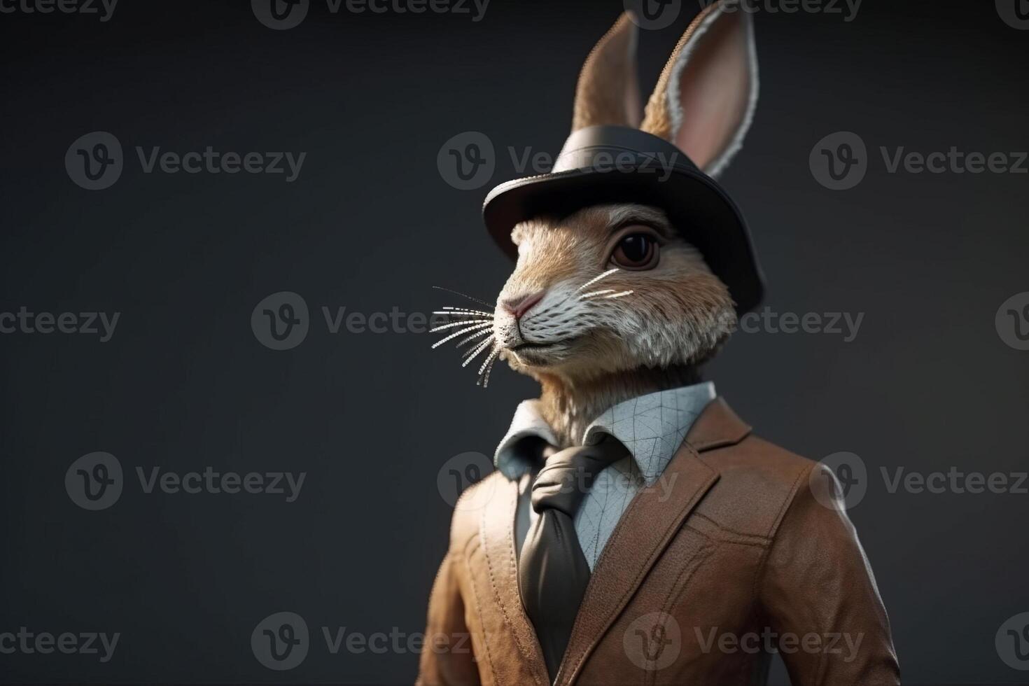 Gentleman, boss fluffy rabbit, hare in a hat, suit and tie. Banner header. . photo