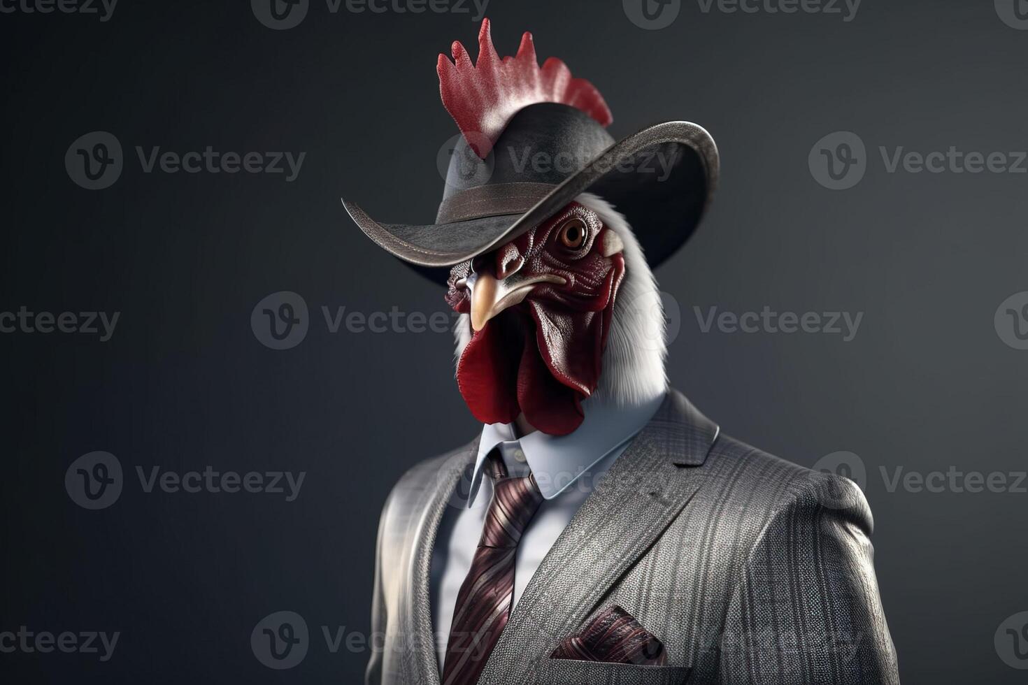 Gentleman, boss rooster with red crest in hat, suit and tie. Banner header. . photo