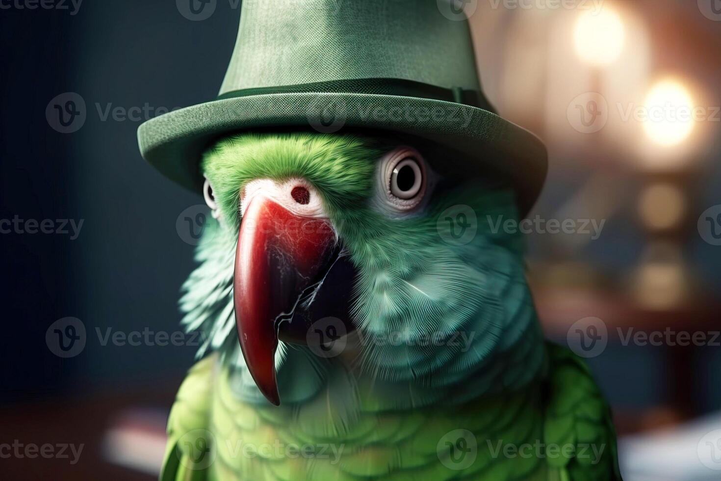 Mr green parrot gentleman in boss hat and scientist. . photo