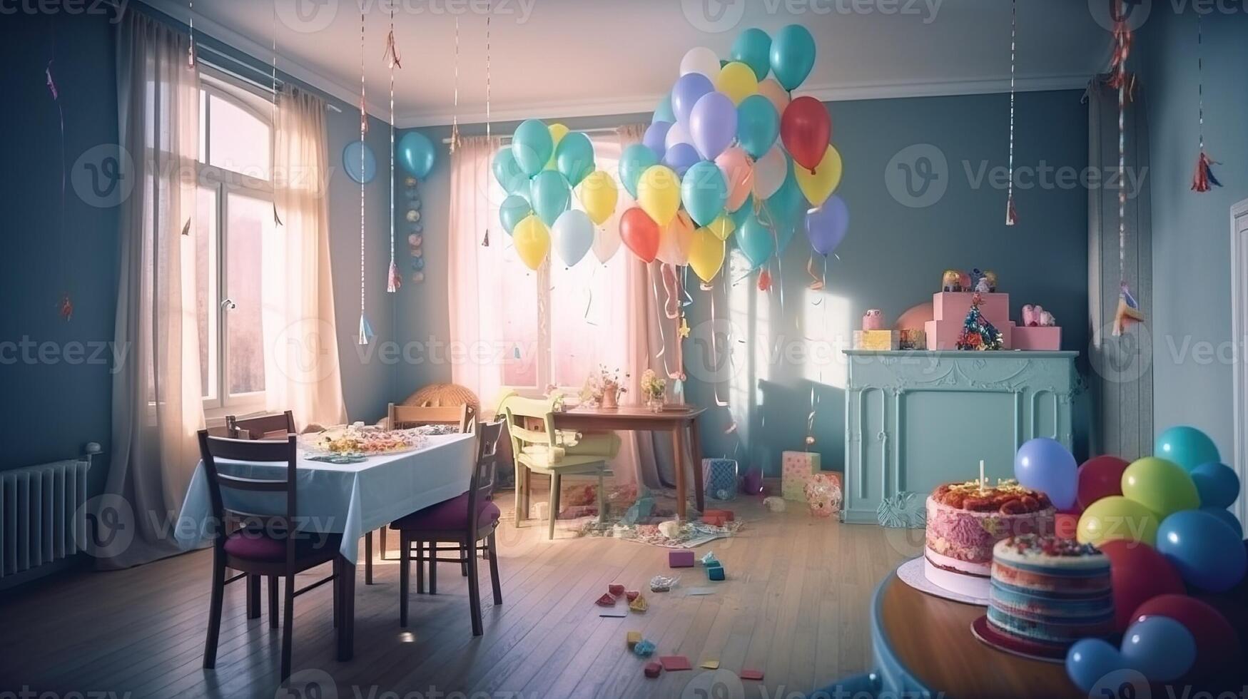 el niños habitación es decorado para el celebracion de el cumpleaños, vistoso globos, cintas ai generado. foto