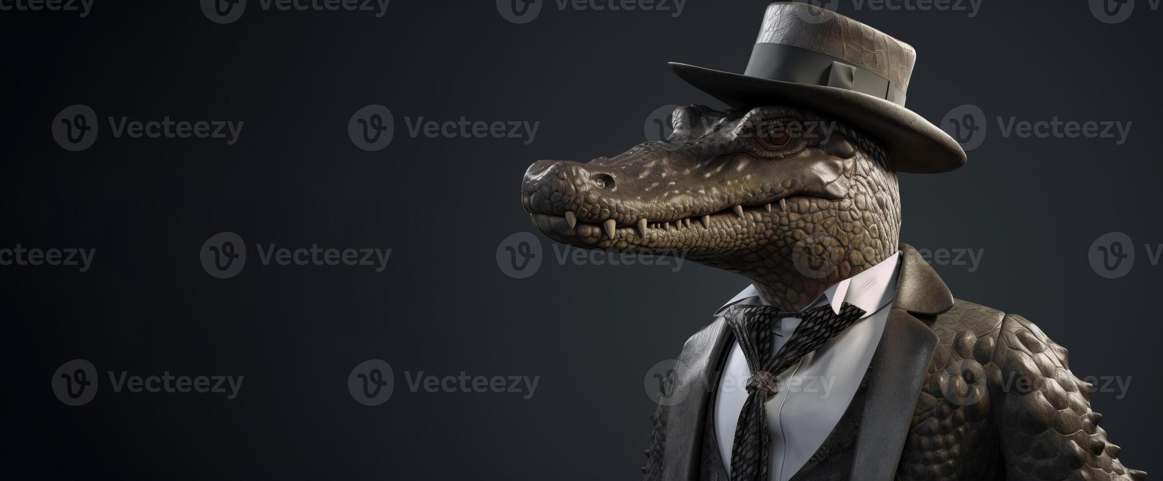 Gentleman boss crocodile aligator in hat, suit and tie. Banner header. . photo