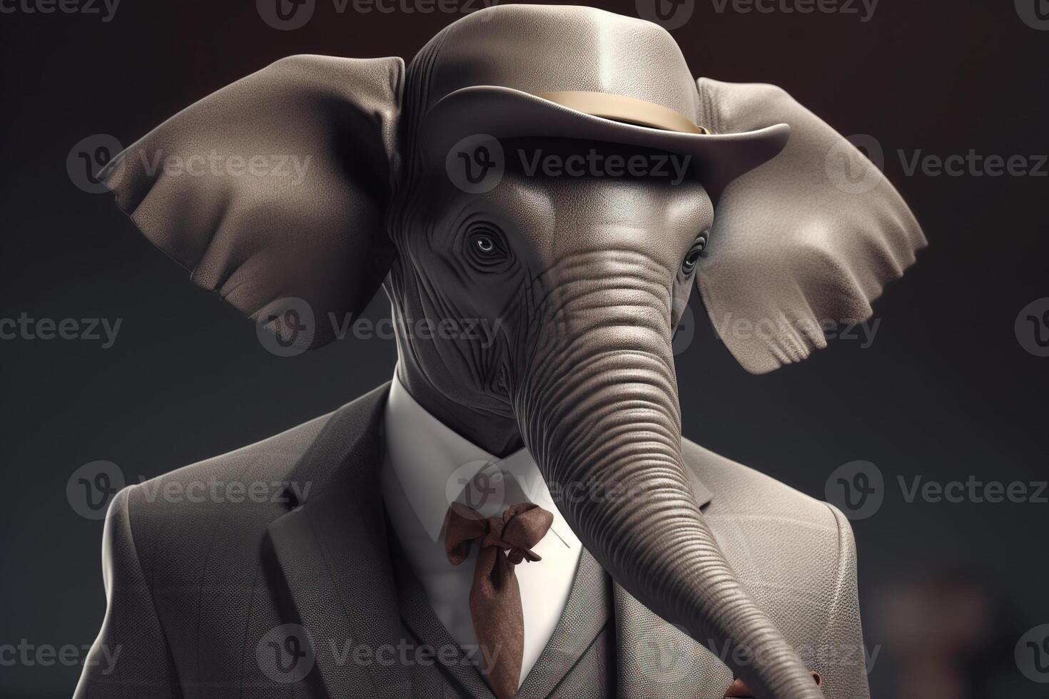 Gentleman boss elephant with a trunk and big ears wearing a hat, suit and tie. Banner header. . photo