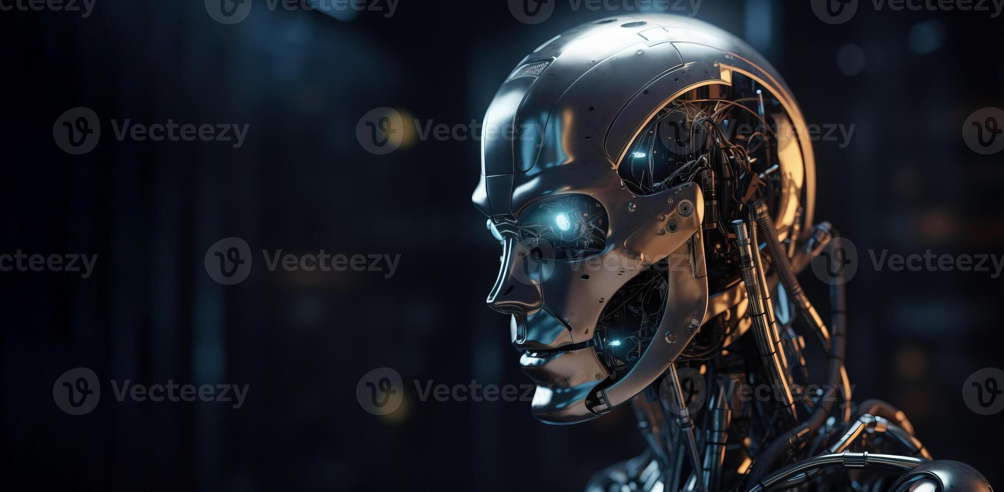 Artificial intelligence, composition of a chrome cyborg robot on a dark background, isolate. . photo