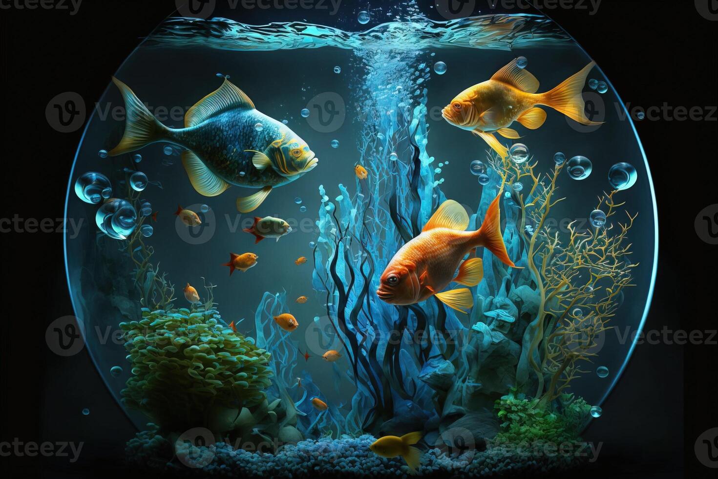 Exotic small fish in an aquarium with corals and algae in blue water on a dark won. . photo