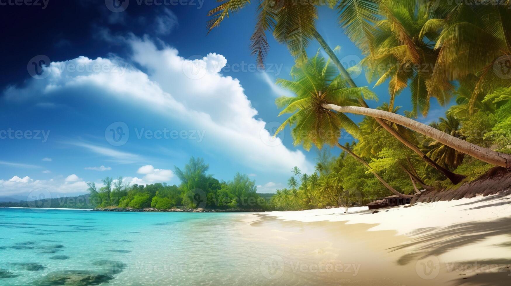 exótico tropical playa con palma arboles cerca el mar o Oceano para relajación. ai generado. foto