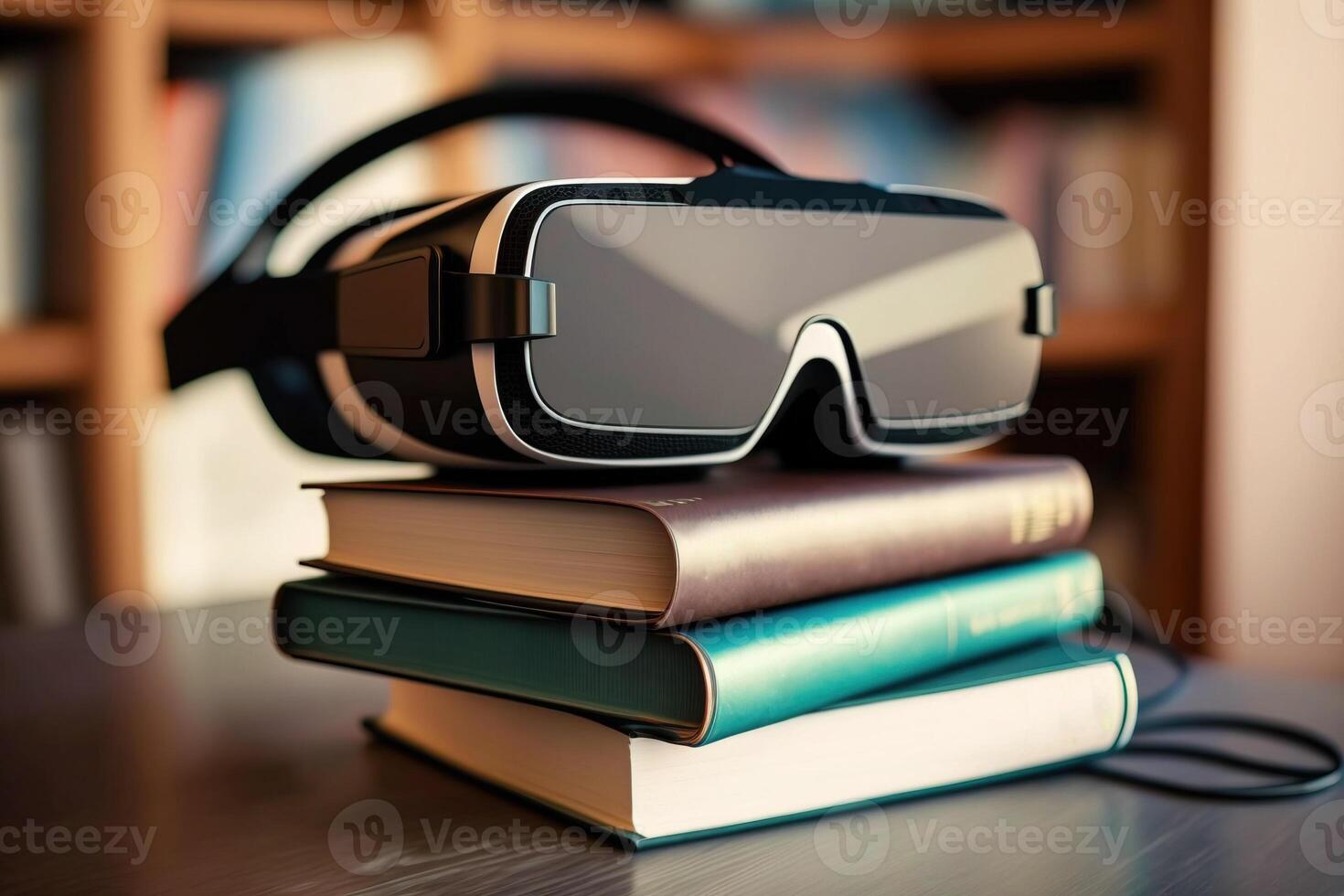VR glasses lie on the books in the library. VR gadget in education. Virtual learning. . photo