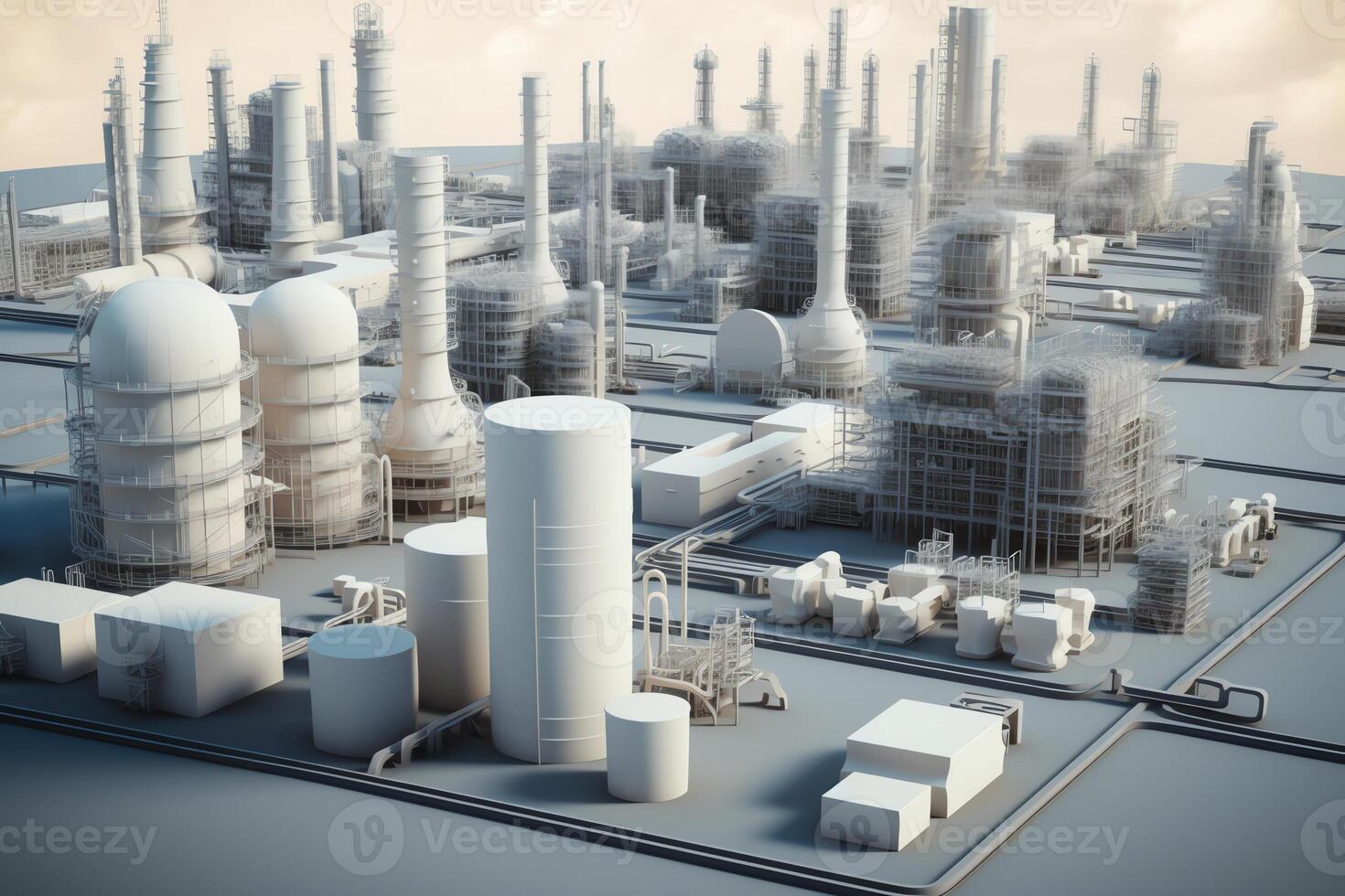 3D oil industry concept with onshore offshore work, refinery plants, and gas station. photo