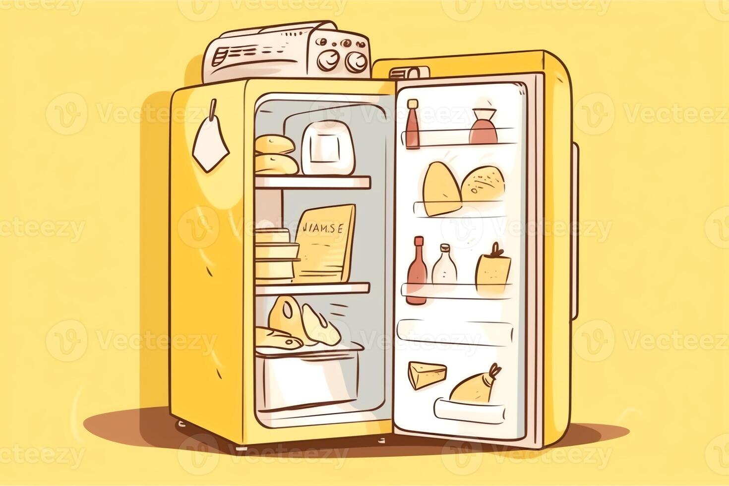 Cartoon fridge with diet notes on yellow background. photo