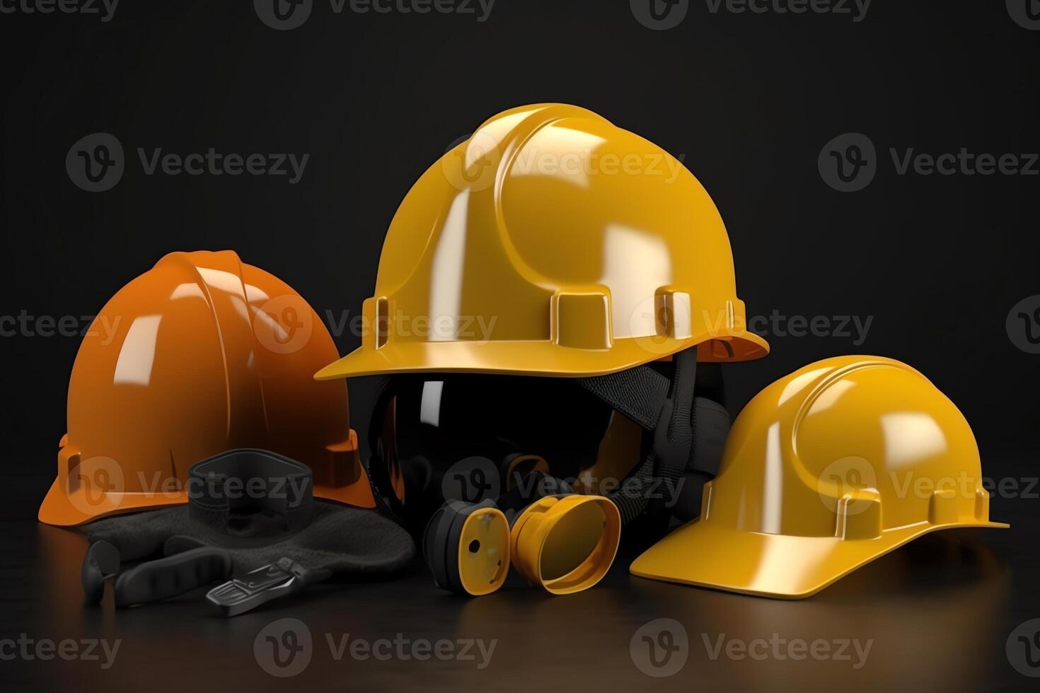 Construction tools helmet hat set 3D render. photo