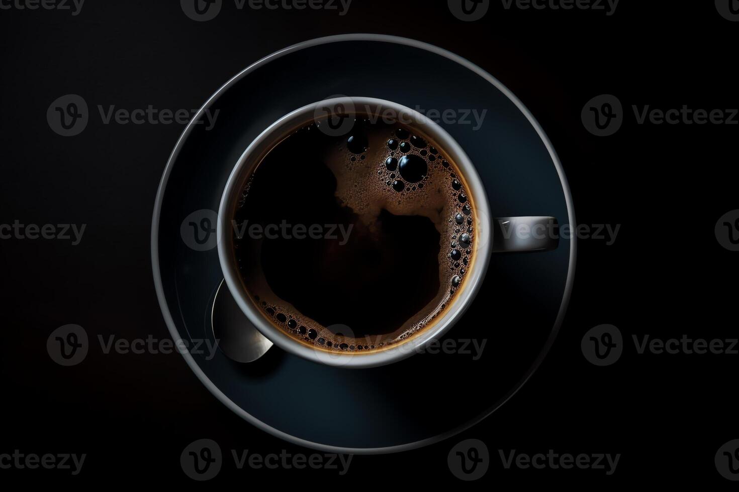 Delicious coffee cup on dark background, top view. photo