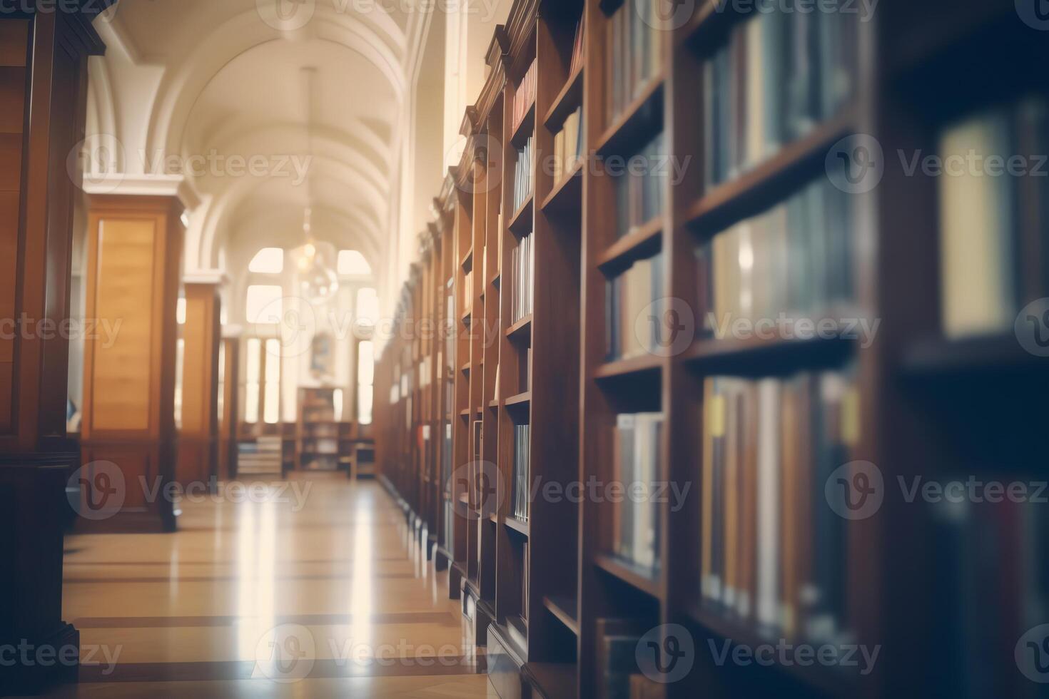 Blurred library interior with vintage bookshelves. photo