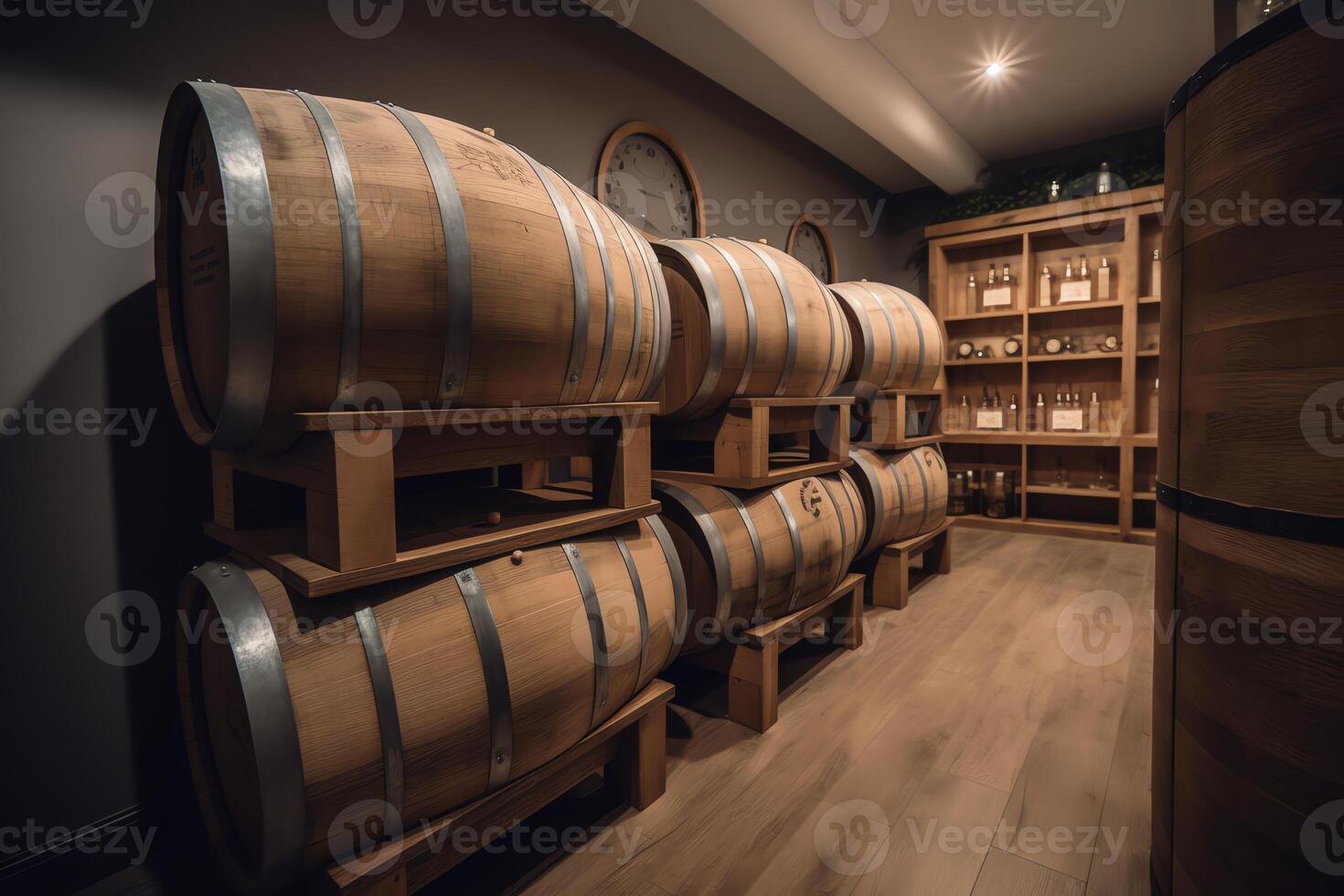 Wine storage with oak barrels for vintage wine, whiskey, and rum. photo
