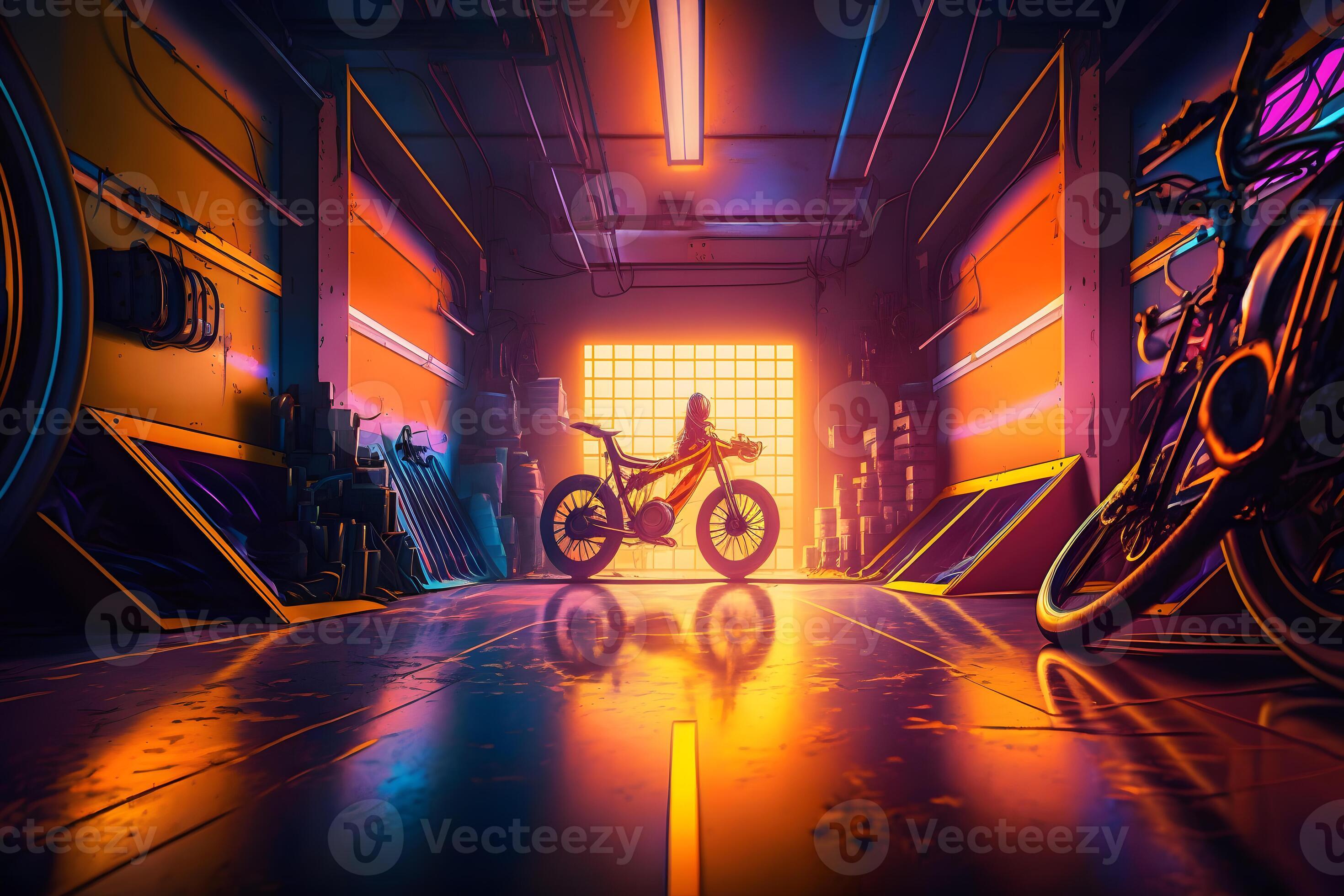 Bicycle in a neon garage. Neural network AI generated 23008211 Stock Photo  at Vecteezy