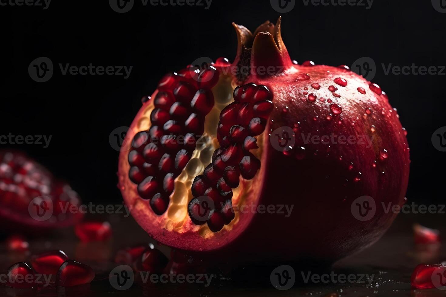Ripe pomegranate with juicy seeds, on old wooden table. Neural network photo