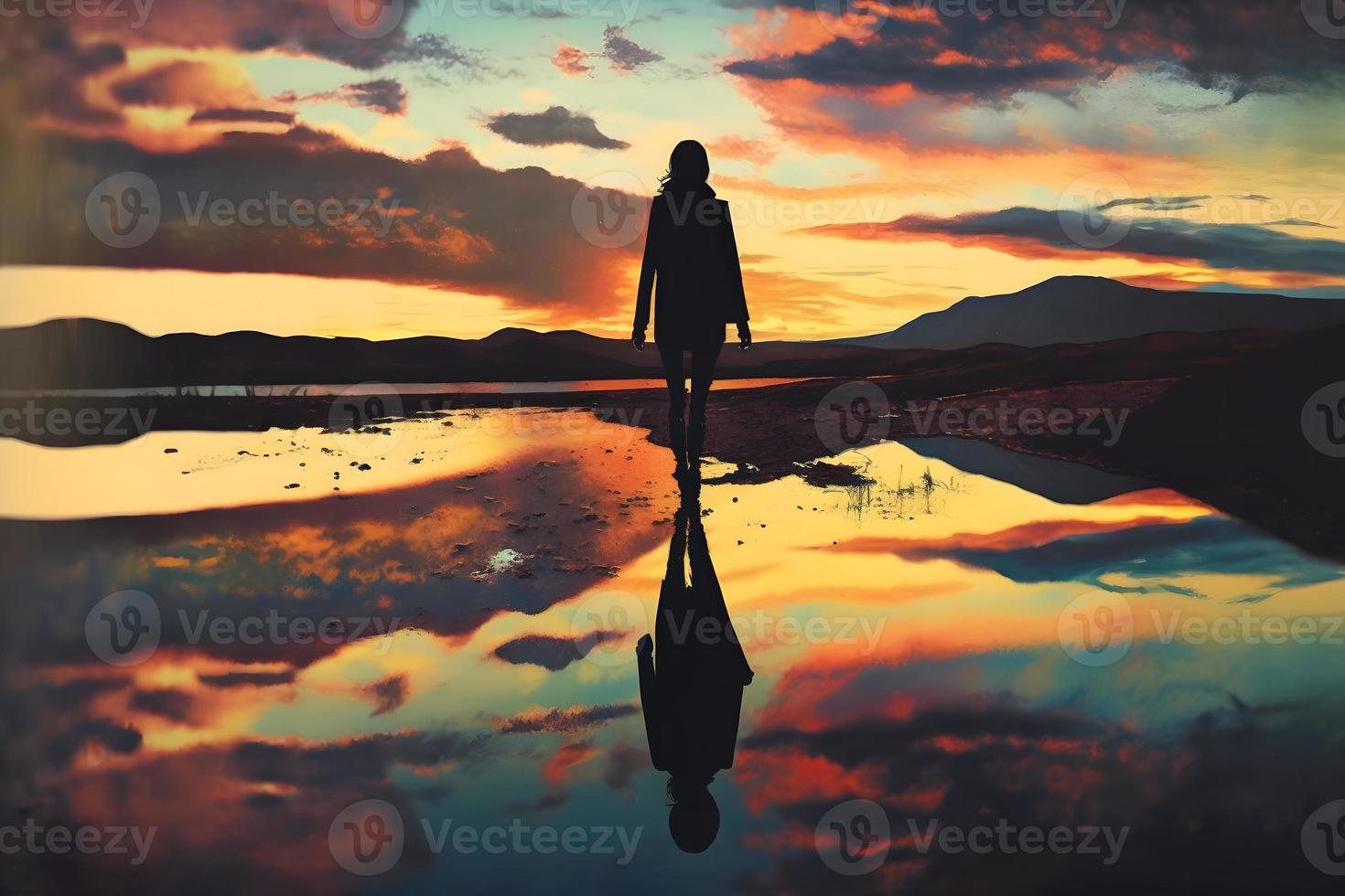 Woman at sunset by the water. Neural network generated art photo