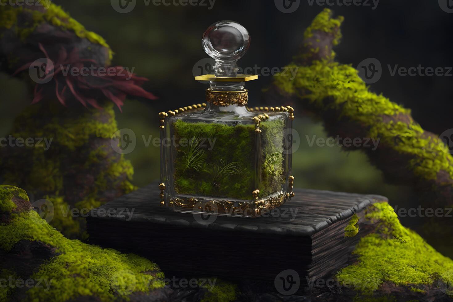 Perfume bottle in a green forest on a mossy substrate. Neural network generated art photo