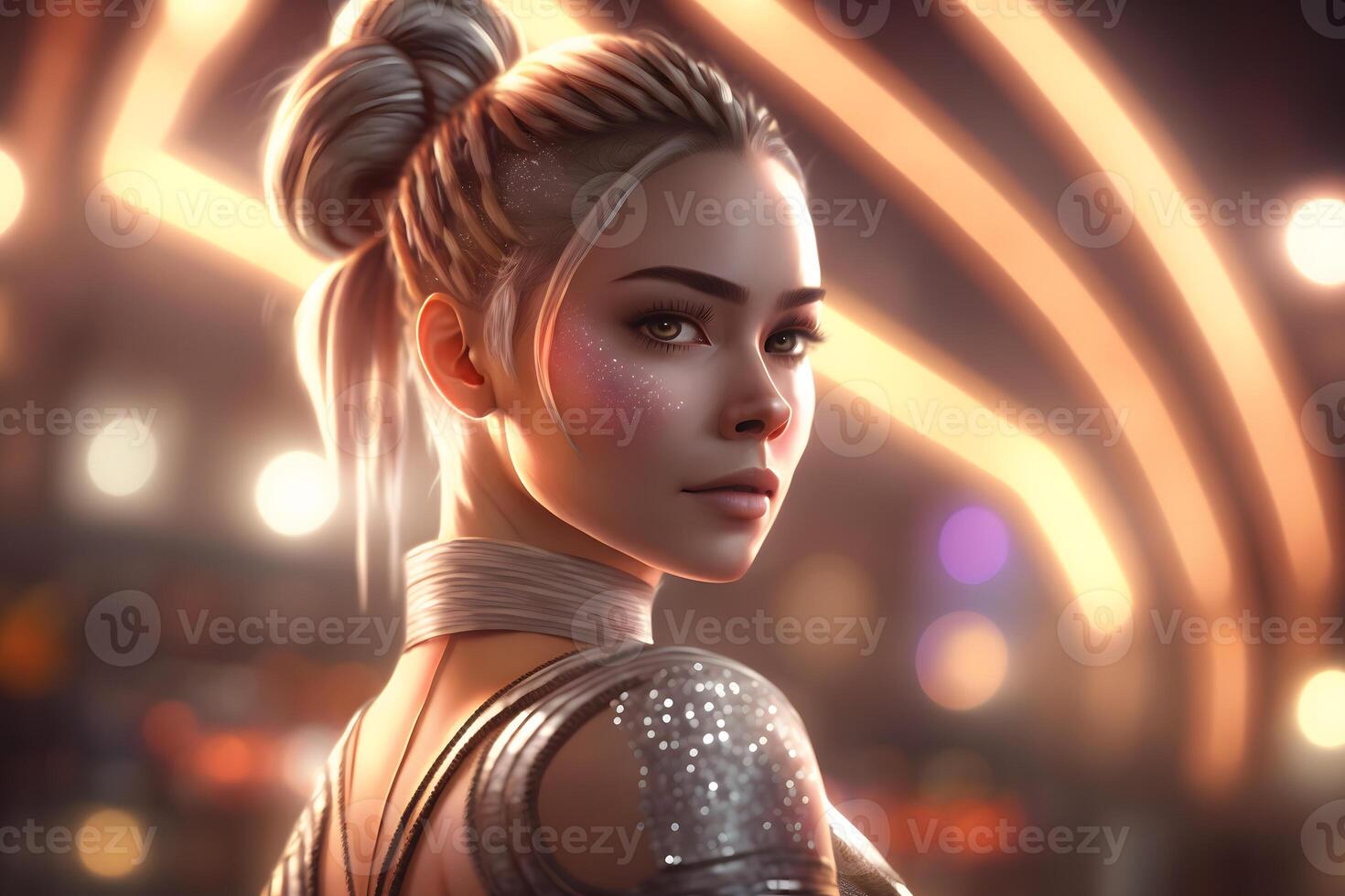 Beautiful woman with long braids in the garden. Neural network photo