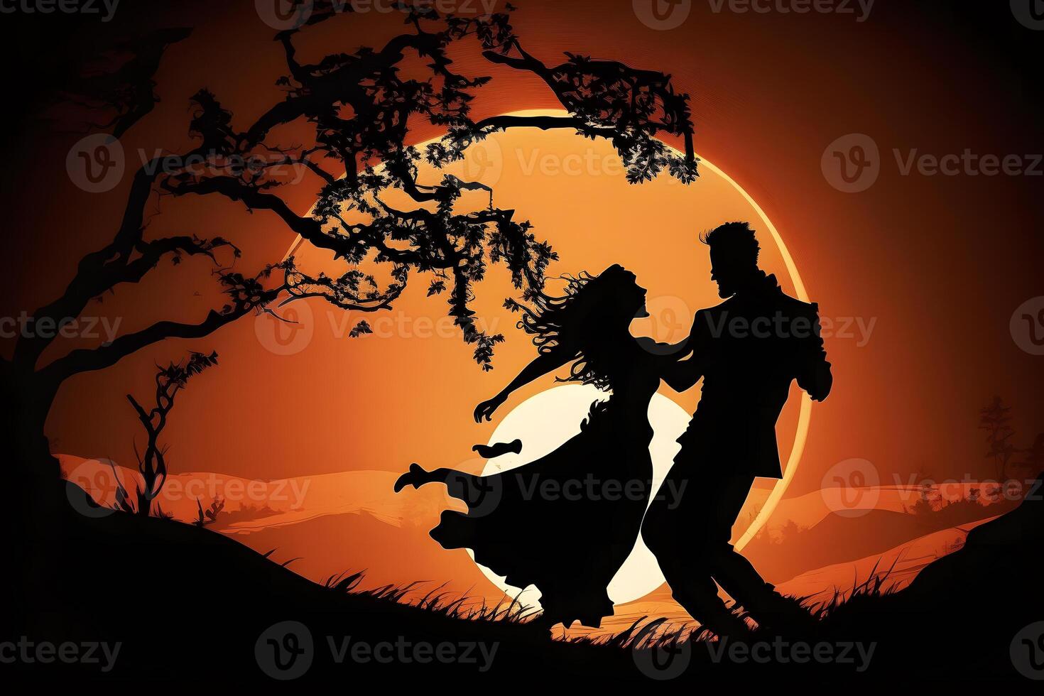 Silhouette of dancing couple in halloween style. Neural network photo