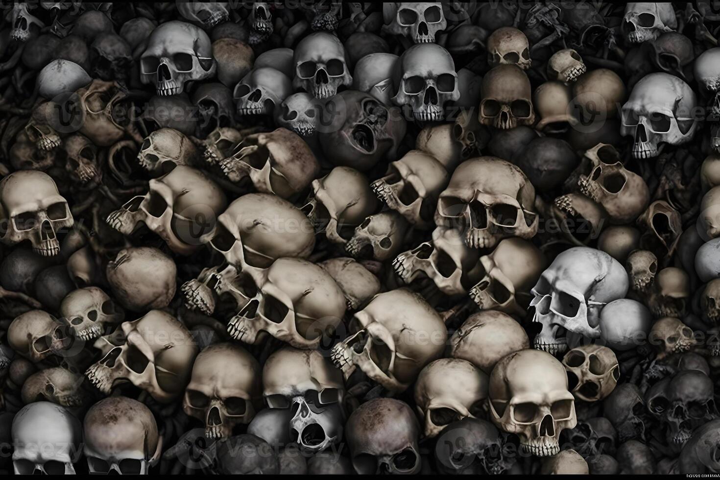 Wall of human bones and skulls in a catacomb. Neural network photo