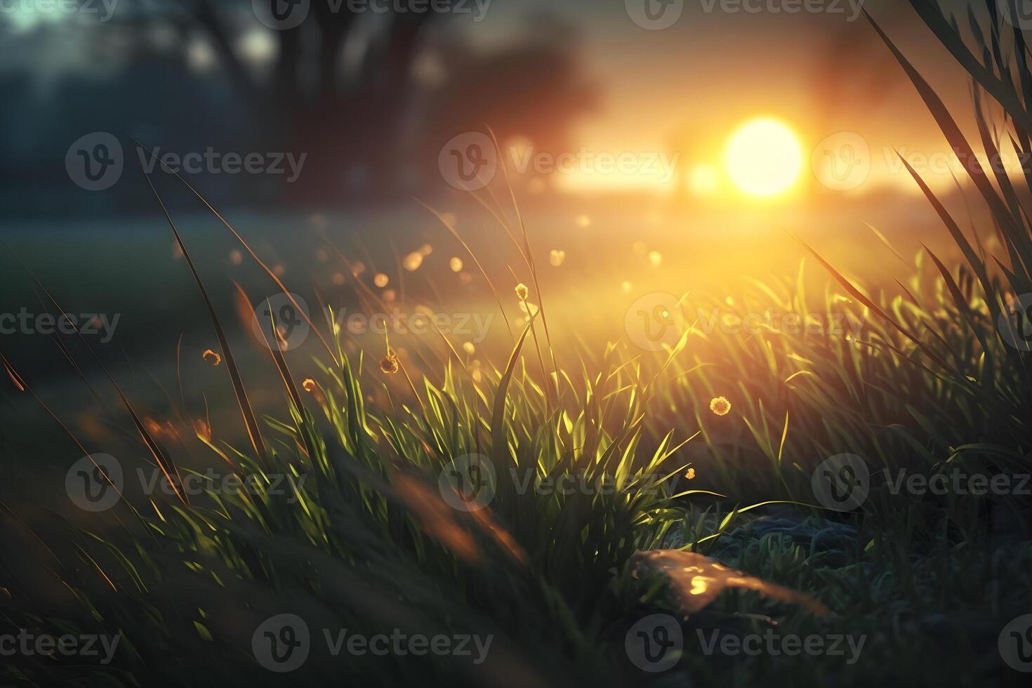 Grass filled with dew on a sunrise morning. Neural network photo