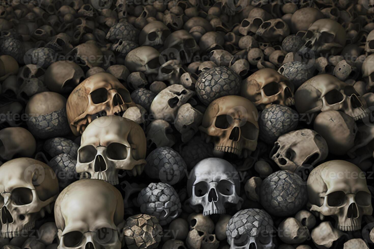 Wall of human bones and skulls in a catacomb. Neural network photo