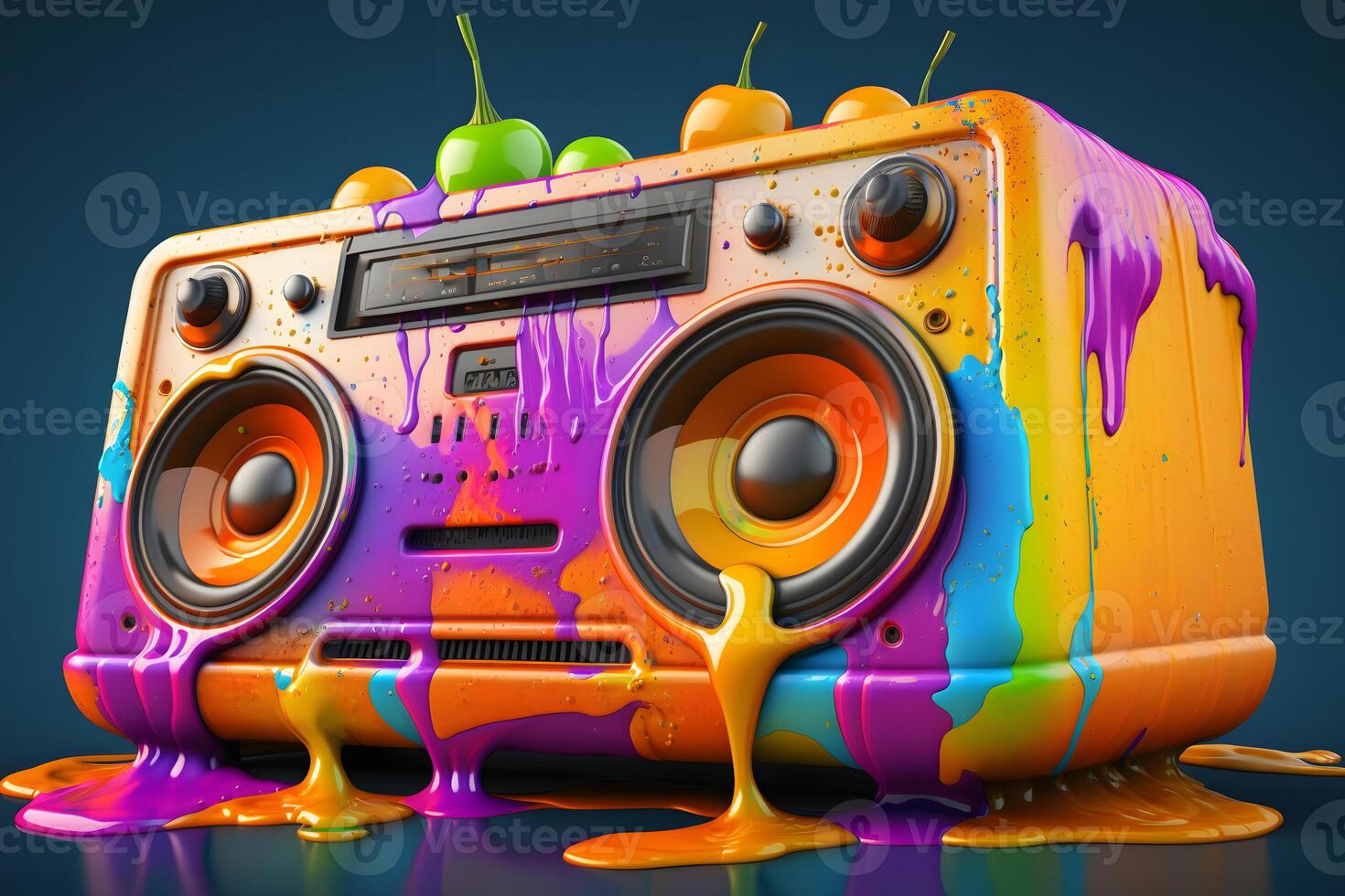 vintage radio boombox and fruits, colorful style. Neural network photo