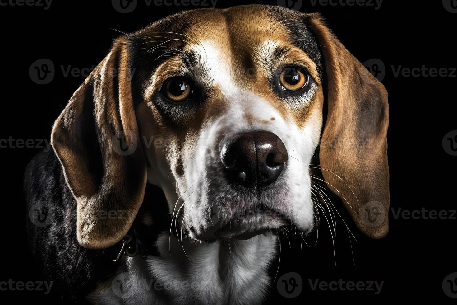 Beagle dog in portrait against black background. Neural network photo