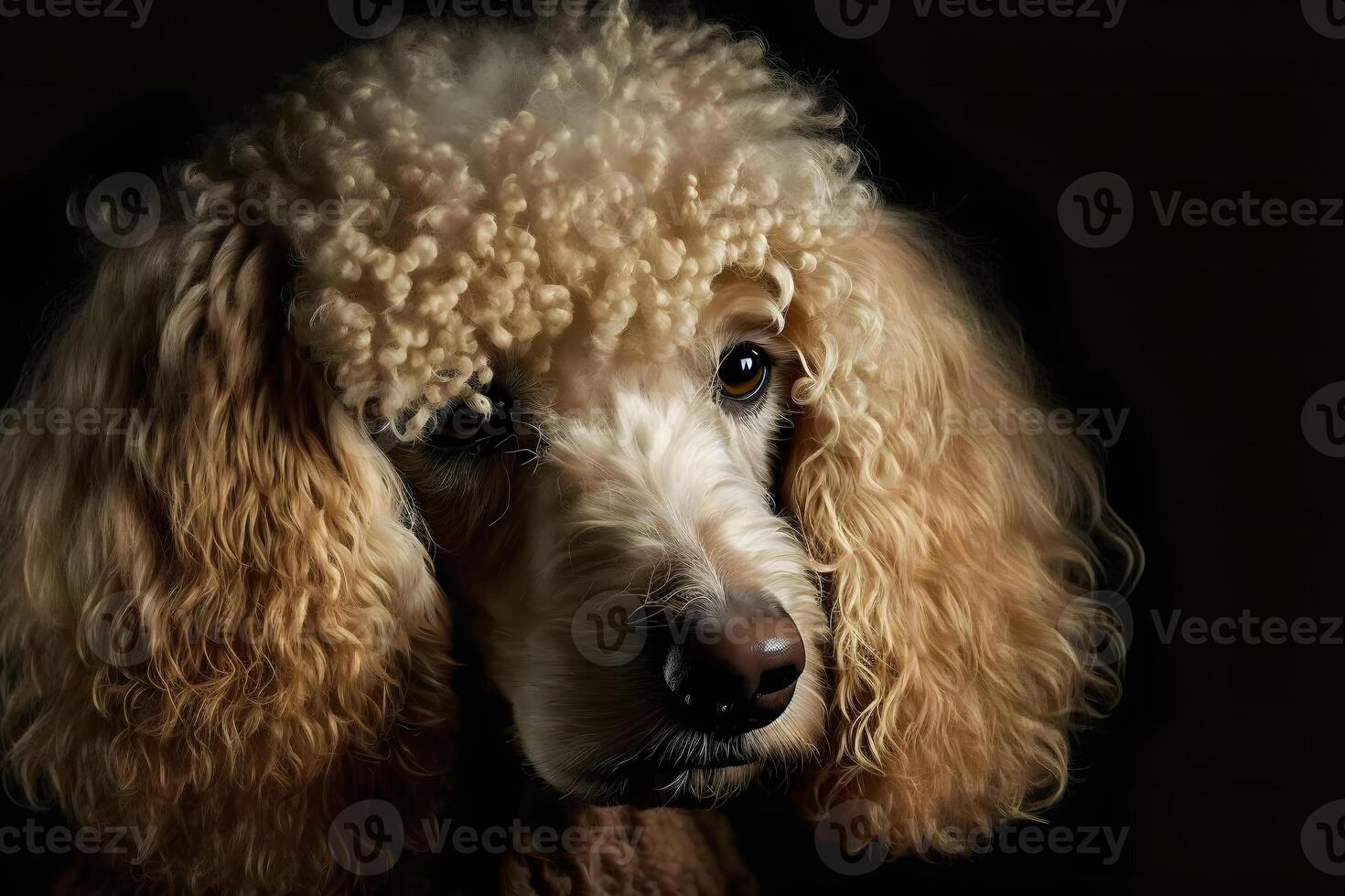 Portrait of a poodle dog on a black background. Neural network photo
