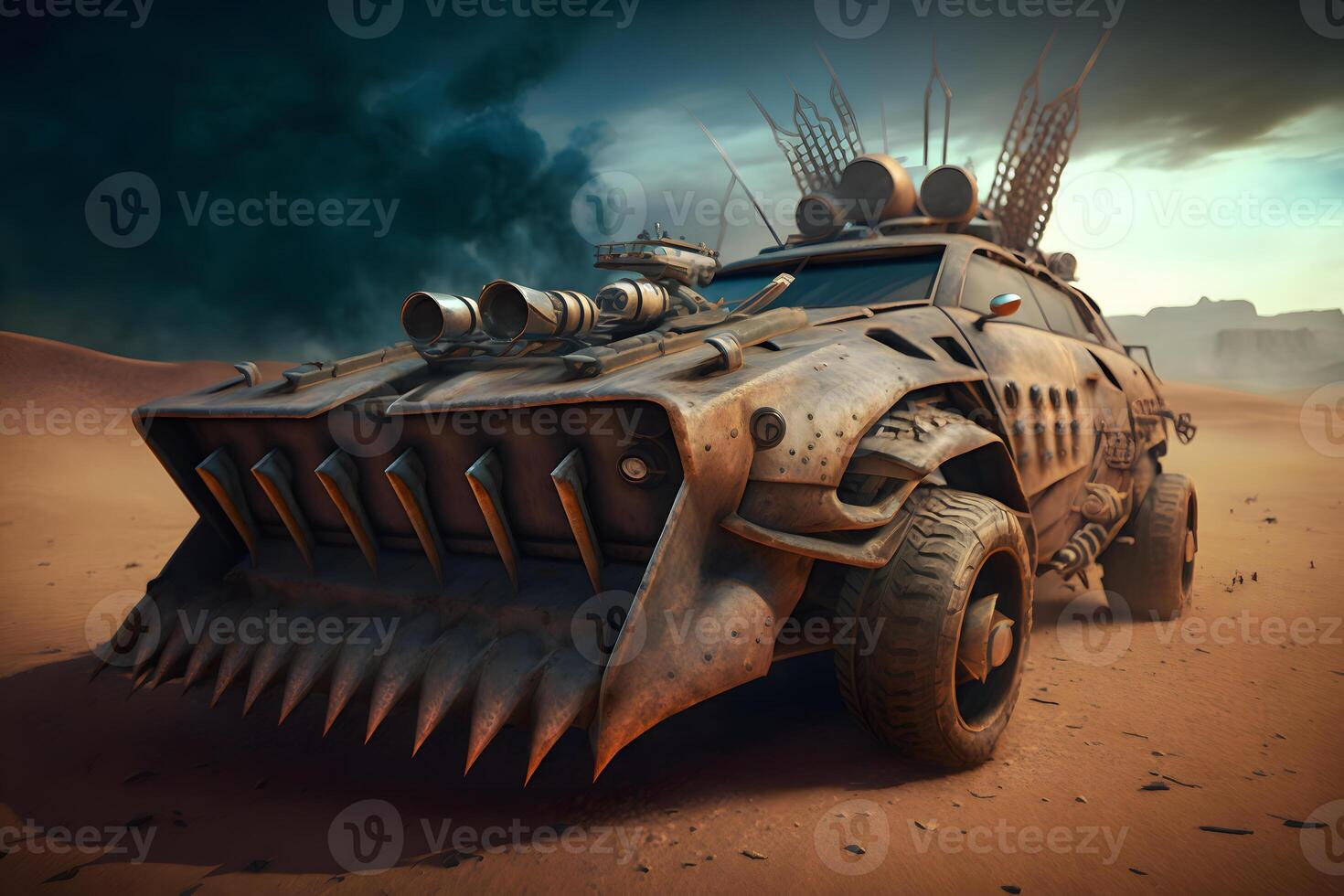 Future fantasy concept car with corrugated iron protection in a post apocalyptic desert wasteland at sunset. Neural network photo