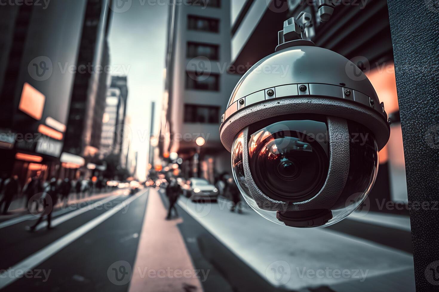 cctv cámara o vigilancia operando en calle y edificio a noche. neural red ai generado foto