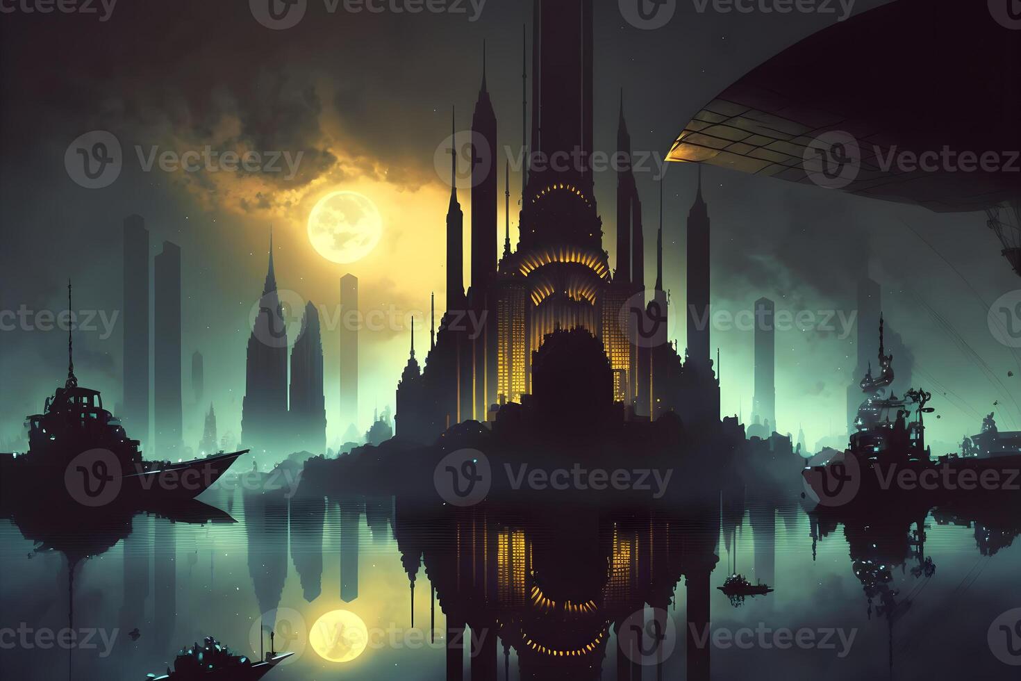 Urban cityscape on water being backlit by a glowing eclipse. Neural network generated art photo