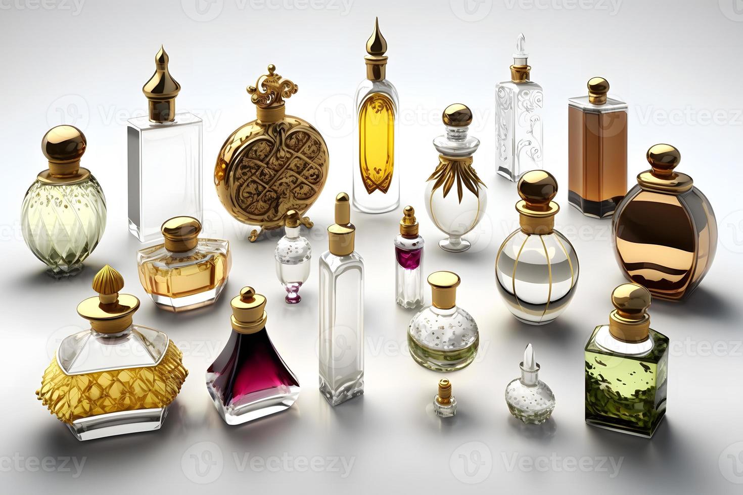 diferente lujo perfume botellas en blanco antecedentes. neural red generado Arte foto