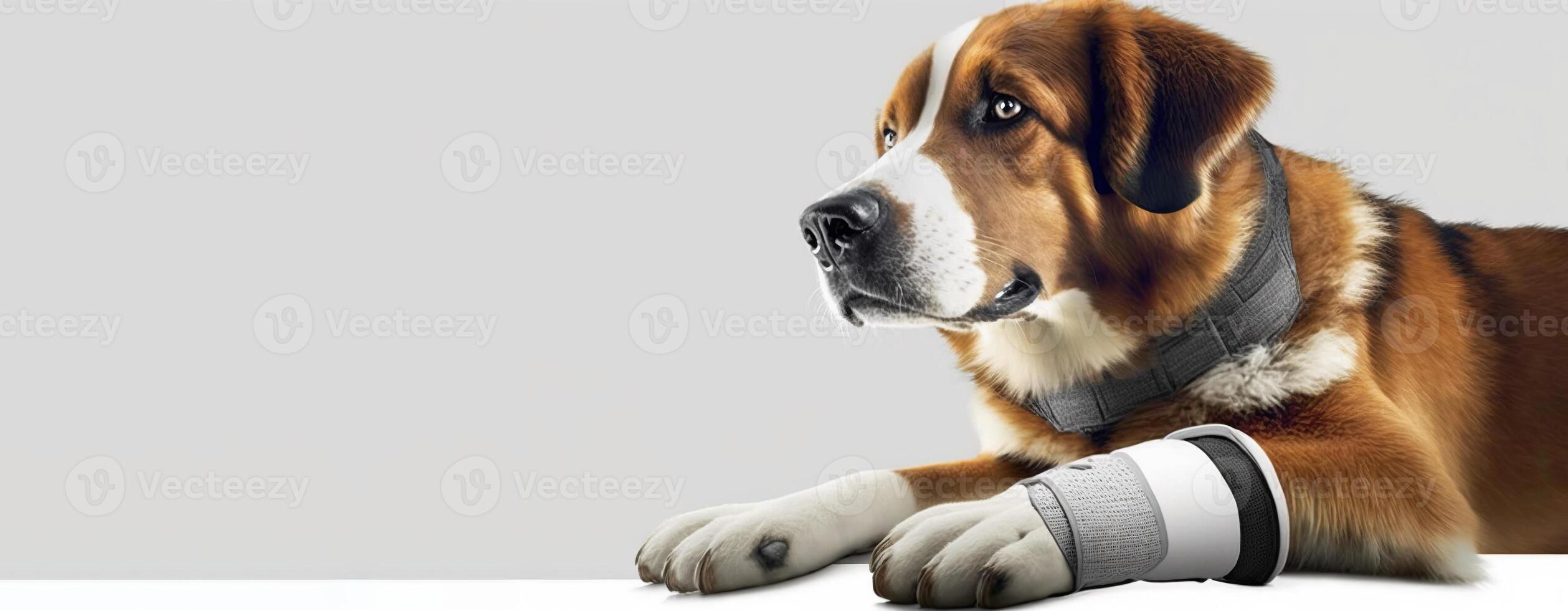 Sick dog sits with a bandage on his paw and a white background. . photo