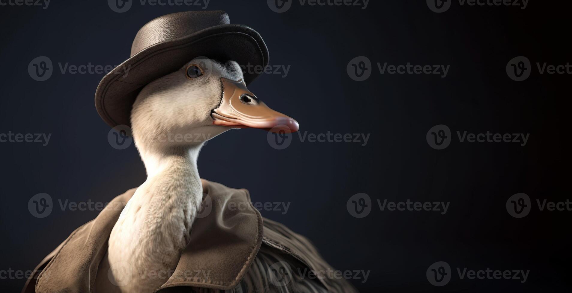 Gentleman boss white goose in a hat, suit and tie. Banner header. . photo