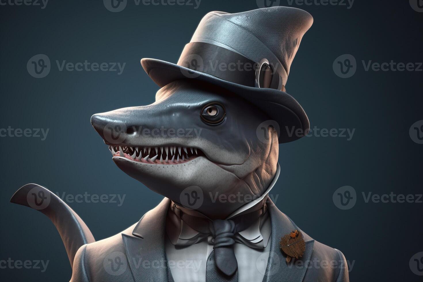 Gentleman shark boss in hat, suit and tie. Banner header. . photo