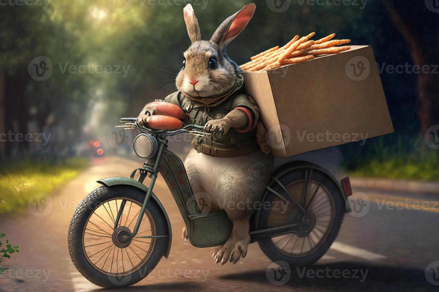 A beautiful illustration, a drawn rabbit delivering products and food in a box. . photo