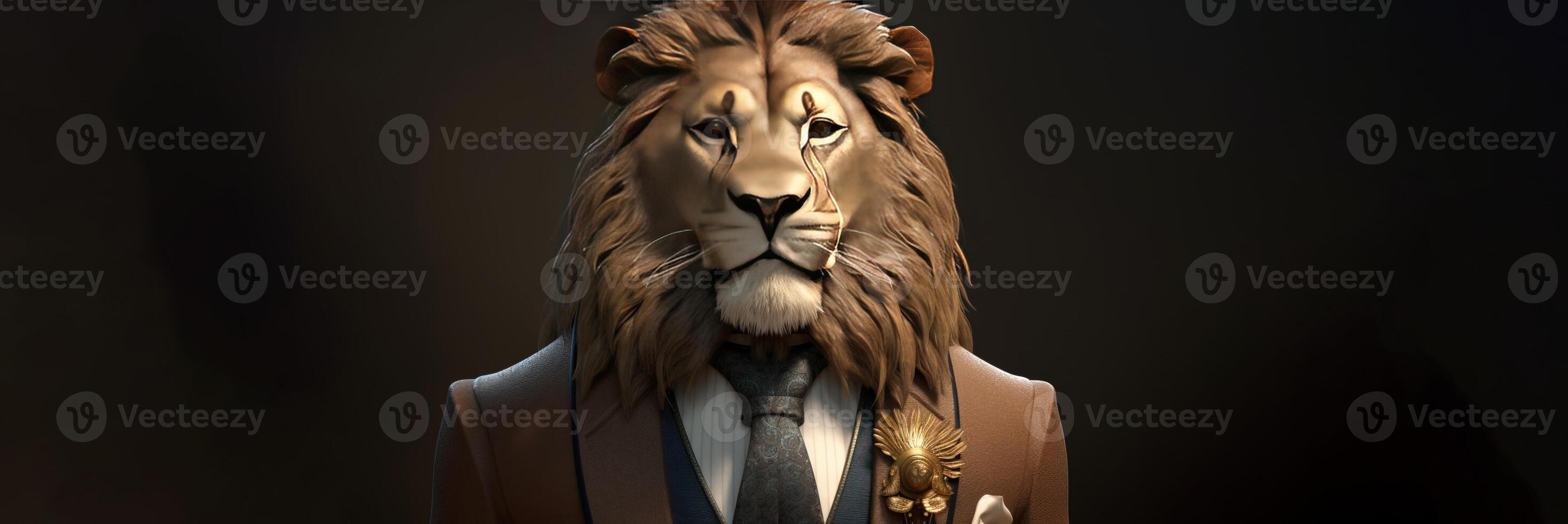 Gentleman, the boss is a formidable lion with a mane in a hat, suit and tie. Banner header. . photo