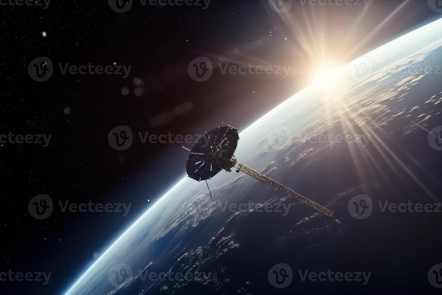 A satellite is flying in orbit around the planet Earth. Against the background of the planet and blue space in the rays of the sun. . photo