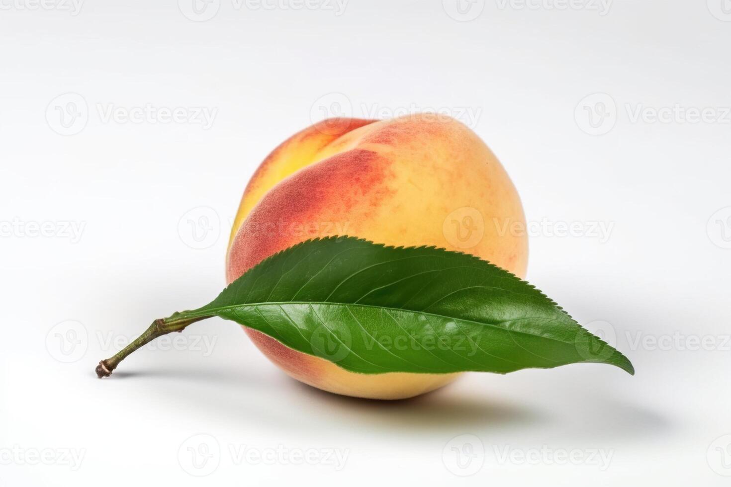 Fresh peach with leaf, isolate on white background. Macro studio shot. . photo