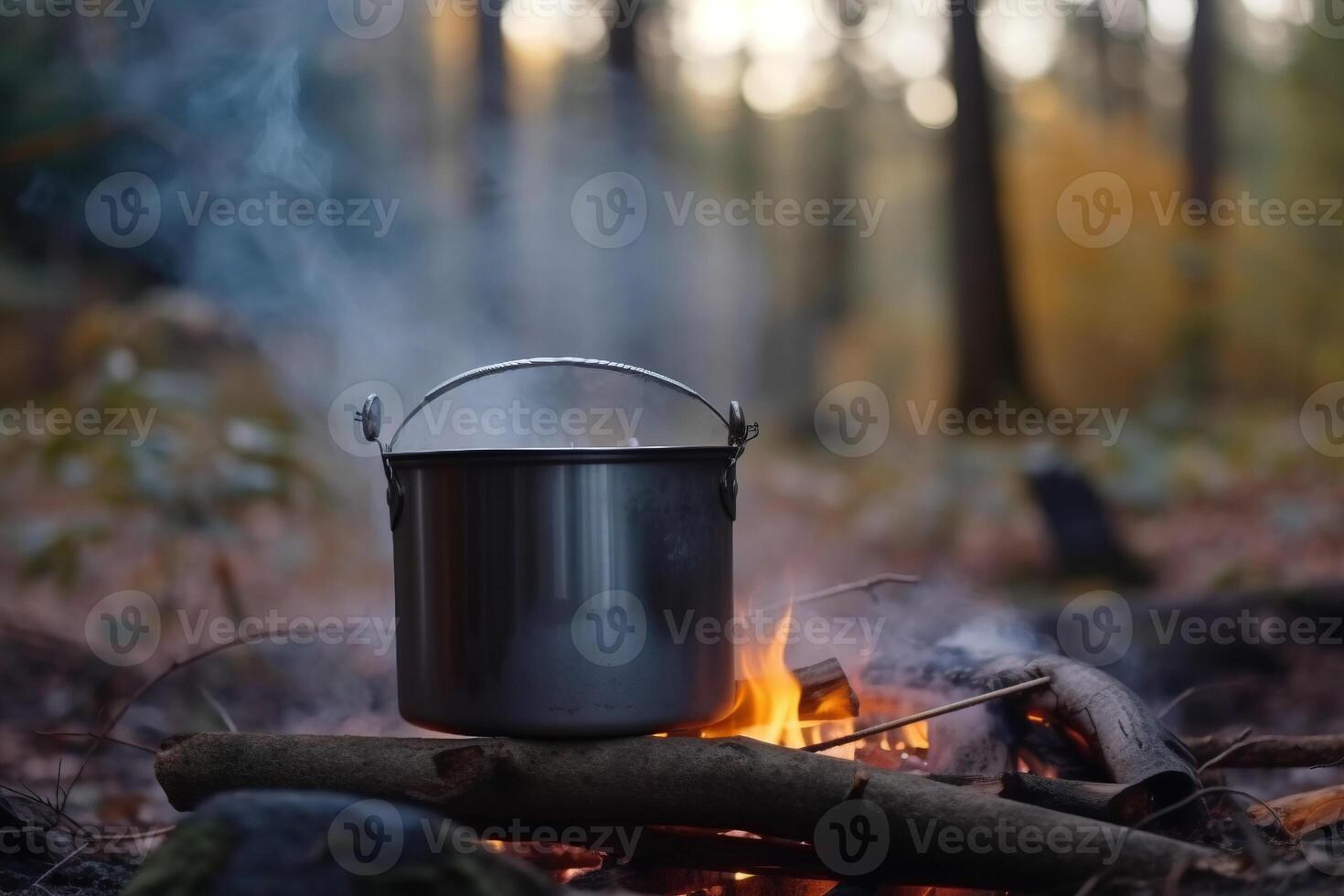 A camping kettle hangs over a fire in the forest in summer. Active holidays on vacation. . photo