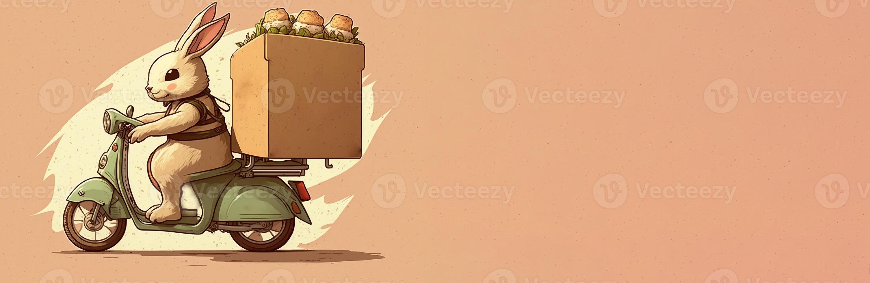 A beautiful illustration, a drawn rabbit delivering products and food in a box. . photo