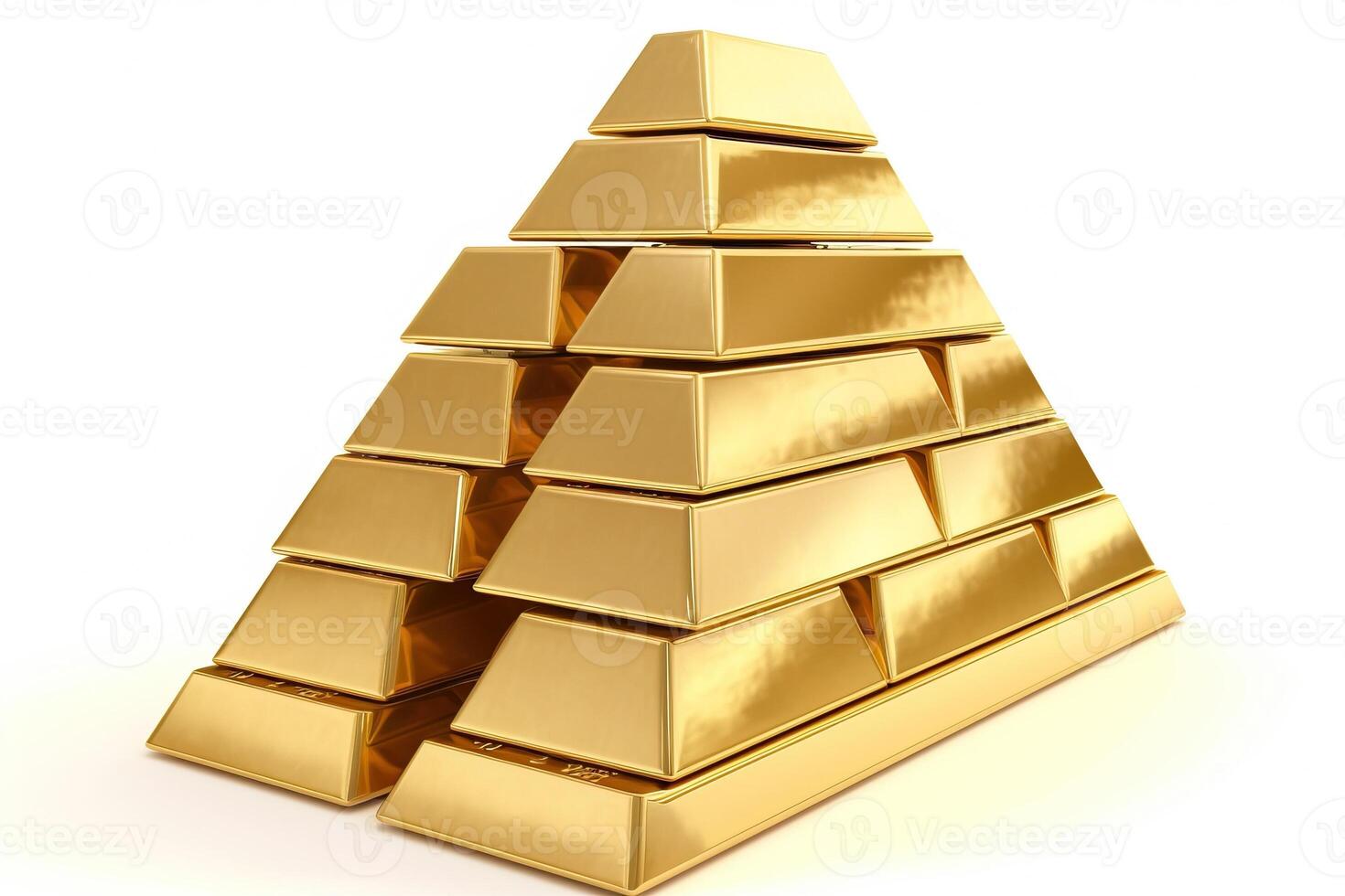 Gold bars stacked in a pyramid on a white background. Precious metal. . photo
