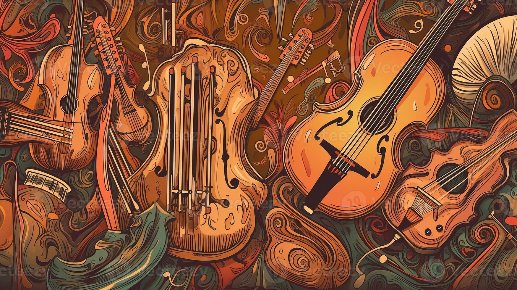 Music day, illustration background with a set of graphic kotnur instruments. . photo