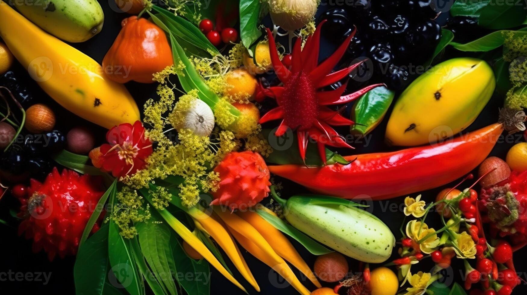 Assorted exotic tropical vegetables on black background isolate. Farm products for the store. . photo