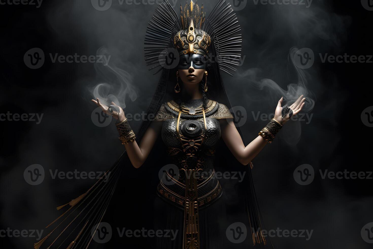 Egyptian goddess on black background. Neural network photo