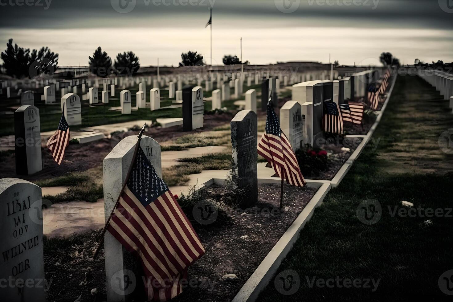American flag waving next to a grave at the American Cemetery and Memorial. Neural network photo